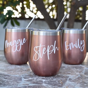 Rose Gold Wine Tumbler w/ Straw, Custom 12oz Personalized Stemless Insulated Wine Tumbler, Bachelorette Party Bridesmaid Gift Wedding Favor