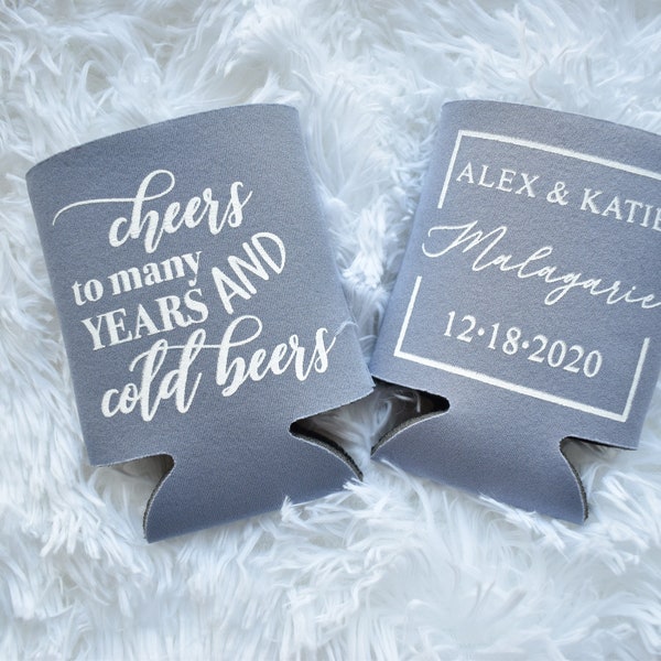 Wedding Favor Gift Can Coolers, Cheers to Many Years and Iced Cold Beers, Customized Wedding Can Coolers for Favors Gifts Guest