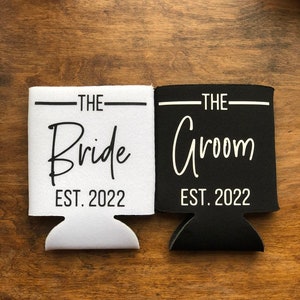 Bride and Groom Couple Can Coolers, Newly Married or Engaged Wedding Gift, Matching His and Hers Beer Hugger