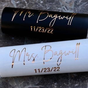 Mr & Mrs Personalized Tumbler with Straw, Wedding Tumblers, His Hers Cups, Bride and Groom Tumblers, Custom 20oz Insulated Skinny Tumbler