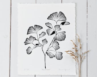 Ginkgo Biloba Art Print: Handmade Botanical Block Print, Zen Decor