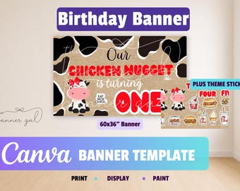 May include: A birthday banner with a cow-themed design. The banner reads "Our Chicken Nugget is turning ONE" in red letters. Includes stickers with food items. The banner measures 152x91 cm.
