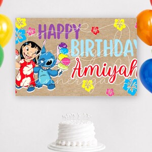 May include: A birthday party scene with colourful balloons and a white cake. A banner reads "Happy Birthday Amiyah" with Lilo and Stitch characters. Balloons are red, orange, yellow, green, blue, and purple.