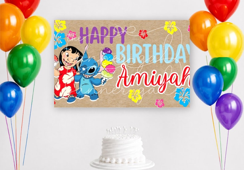 May include: A birthday party scene with colourful balloons and a white cake. A banner reads "Happy Birthday Amiyah" with Lilo and Stitch characters. Balloons are red, orange, yellow, green, blue, and purple.
