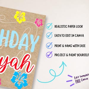 May include: A birthday card template featuring the name "Niyah" in red script, decorated with colorful hibiscus flowers. The word "BIRTHDAY" is in light blue. The Canva template offers editing, printing, and painting options.