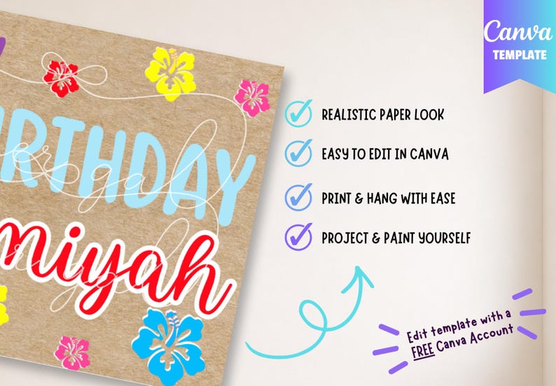 May include: A birthday card template featuring the name "Niyah" in red script, decorated with colorful hibiscus flowers. The word "BIRTHDAY" is in light blue. The Canva template offers editing, printing, and painting options.
