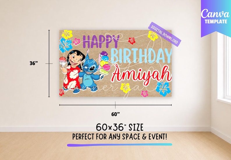 May include: A 152x91 cm banner featuring Lilo and Stitch, holding ice cream cones. The banner reads "Happy Birthday Amiyah" in colourful text, with floral accents. Digital download.