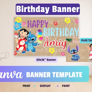 May include: A birthday banner featuring Lilo and Stitch, with the text "Happy Birthday Amy". The banner measures 152x91cm and includes the text "Canva Banner Template". Additional theme stickers are included.