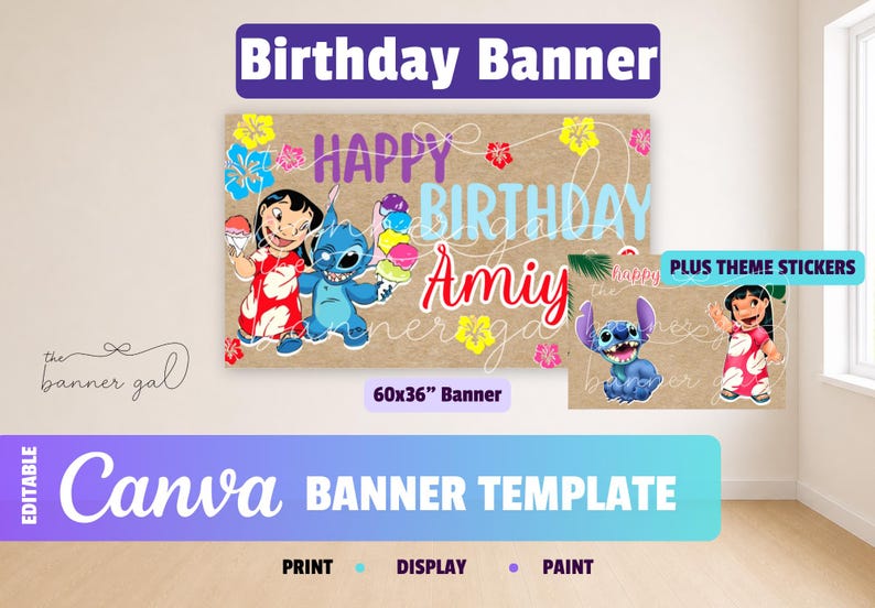 May include: A birthday banner featuring Lilo and Stitch, with the text "Happy Birthday Amy". The banner measures 152x91cm and includes the text "Canva Banner Template". Additional theme stickers are included.