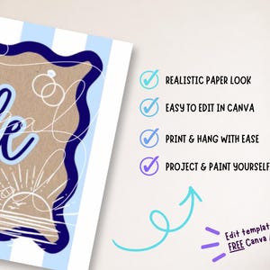 May include: A sign with the word "Bride" in a decorative font, set against a brown background with a blue border. The sign also includes the text "Party" and other decorative elements. The Canva template includes features like a realistic paper look and easy editing.