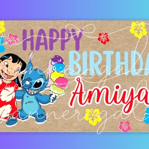 May include: A birthday graphic featuring Lilo and Stitch with ice cream cones. The words "HAPPY BIRTHDAY Amiyah" are displayed with floral accents. The background is a light brown colour.