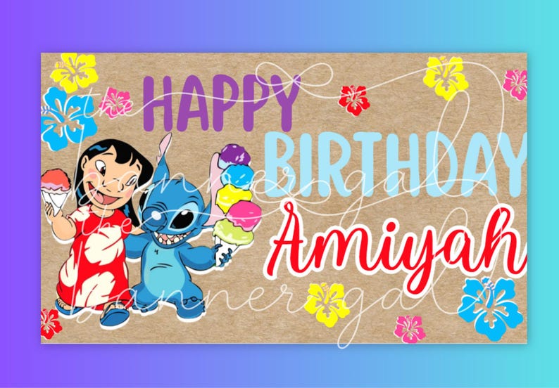 May include: A birthday graphic featuring Lilo and Stitch with ice cream cones. The words "HAPPY BIRTHDAY Amiyah" are displayed with floral accents. The background is a light brown colour.