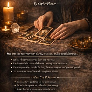 Può includere: Una pubblicità per una lettura guidata dei tarocchi. L'immagine mostra delle mani che dispongono le carte dei tarocchi su un tavolo con candele e il testo "Lettura guidata dei tarocchi" e "Capodanno | 1 gennaio".