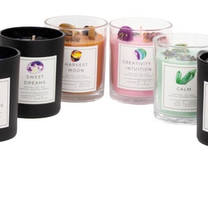 Puede incluir: Surtido de ocho velas con diferentes aromas y cristales. Las velas están en frascos de vidrio transparente con etiquetas negras. Las etiquetas tienen diferentes frases, incluyendo "You Got This!", "New Beginnings", "Sweet Dreams", "Harvest Moon", "Creativity Intuition", "Calm", "Self Love" y "Peace & Harmony".