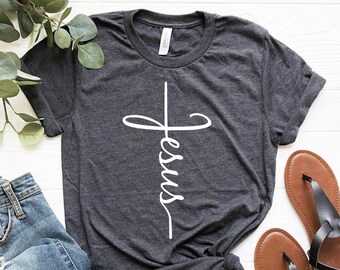 Faith-T-shirt, verticale kruisprint, christelijke kleding
