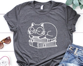 Cat Reading Book T-Shirt, Book Lover Gift