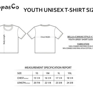 May include: A size chart for youth unisex t-shirts, showing chest and length measurements in inches for sizes YS, YM, YL, and YXL. The chart is labeled "BELLA+CANVAS STYLE # 3100Y YOUTH JERSEY SHORT SLEEVE TEE".
