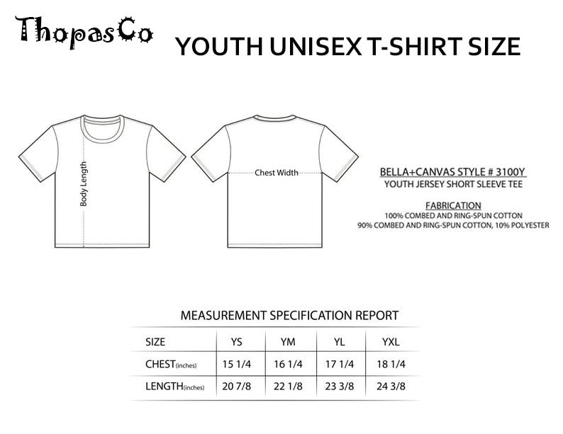 May include: A size chart for youth unisex t-shirts, showing chest and length measurements in inches for sizes YS, YM, YL, and YXL. The chart is labeled "BELLA+CANVAS STYLE # 3100Y YOUTH JERSEY SHORT SLEEVE TEE".