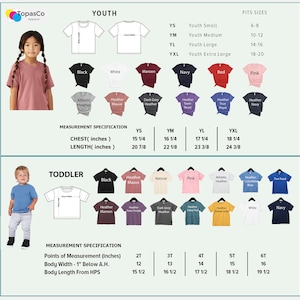 May include: A product image featuring a variety of youth and toddler t-shirts in various colors, including black, white, and navy. Measurement specifications are provided in inches for chest and length. The image also includes size charts for youth and toddler sizes.