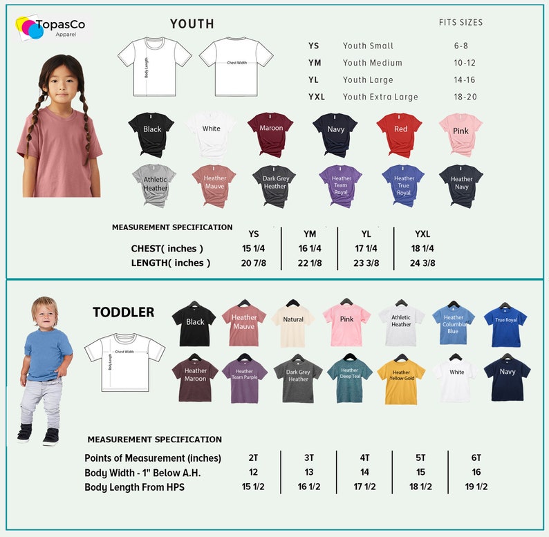 May include: A product image featuring a variety of youth and toddler t-shirts in various colors, including black, white, and navy. Measurement specifications are provided in inches for chest and length. The image also includes size charts for youth and toddler sizes.