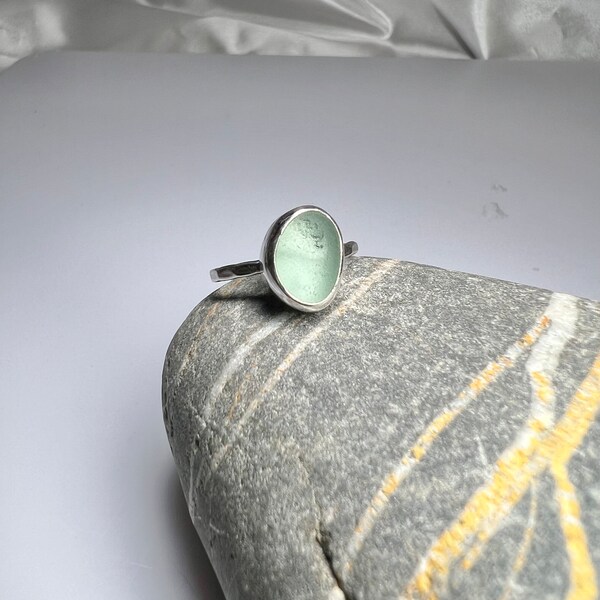 Sea foam green Cornish seaglass ring size L ** hallmarked**