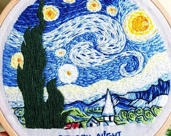 Starry Night art embroidery by Van Gogh 15cm, handmade crafts, gift, interior design, monstera variegata, ready to hang