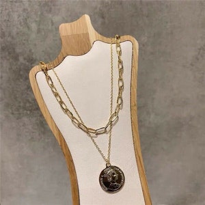 Women Layered Necklace Set Gold Coin Pendant  Gold Coin Medallion Necklace, Layer Link Chain, Paperclip Necklace, 14k Gold Layered