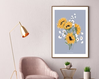 Sunflower Print, sunflower illustration, botanical art painting, vintage floral print, gift for flower lover