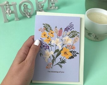 I'm Thinking Of You Card, sympathy greeting card, grief card, caring greeting card, flower art, sympathy bouquet, here for you card