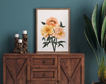 Peony Illustration Art Print, Vintage flower illustration, peony gift, flower lover, botanical flower, floral art print .
