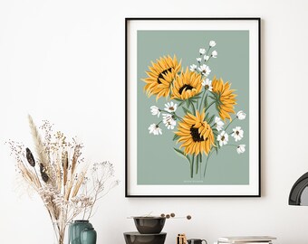 Impresión de ilustración de girasol vintage, arte mural botánico