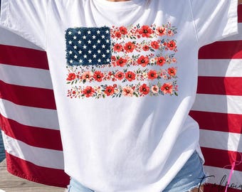 Floral American Flag Shirt, Comfort Colors Patriotic Tee, Vintage Red Poppy USA Flag Shirt, Botanical Fourth of July Shirt, Independence Day