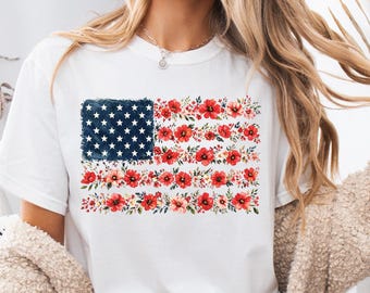 Floral American Flag Shirt, Comfort Colors Patriotic Tee, Vintage Red Poppy USA Flag Shirt, Botanical Fourth of July Shirt, Independence Day