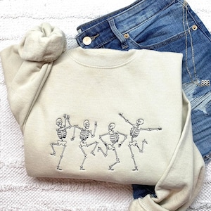 Dancing Skeletons Sweatshirt, Embroidered Dancing Skeletons Crewneck, Cute Halloween Sweatshirt, Fall Sweatshirt, Spooky Season Crewneck