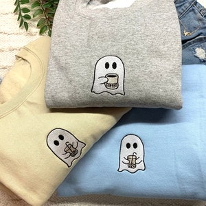 Embroidered Coffee Ghost Sweatshirt, Cute Ghost with Coffee Crewneck, Halloween Pullover for Coffee Lovers, Fall Cozy Crewneck