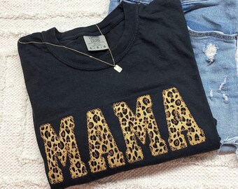 Leopard Mama Shirt, Embroidered Mama Comfort Colors Mother's Day gift, New Mama gift, Mama Pregnancy Announcement Shirt