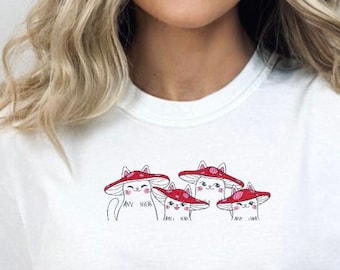 Comfort Colors Mushroom Cat Embroidered Sweatshirt, Cute Cat Shirt, Cat Lover Gift, Mushroom Shirt, Funny Cat Shirt, Comfort Colors Shirt