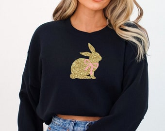 Easter Bunny Sweatshirt, Coquette Bunny Sweatshirt, Bunny with Bow Sweatshirt, Glitter Bunny Sweatshirt, Personalized Easter Gift for Women