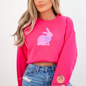 Easter Bunny Sweatshirt, Cute Girly Bunny with Bow Sweatshirt, Coquette Bunny Sweatshirt, Glitter Bunny Sweatshirt, Easter Gift for Women image 2