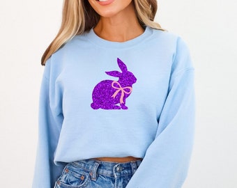 Easter Bunny Sweatshirt, Cute Girly Bunny with Bow Sweatshirt, Coquette Bunny Sweatshirt, Glitter Bunny Sweatshirt, Easter Gift for Women