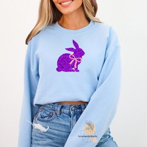 Easter Bunny Sweatshirt, Cute Girly Bunny with Bow Sweatshirt, Coquette Bunny Sweatshirt, Glitter Bunny Sweatshirt, Easter Gift for Women image 1