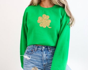 Shamrock Glitter Sweatshirt, St Patty's Sweatshirt, Shamrock Sweatshirt Sweater, Four Leaf Clover Crewneck, St Patrick's Day Sweatshirt