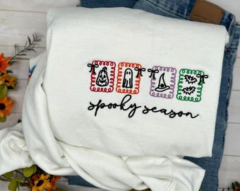 Embroidered Spooky Season Sweatshirt, Halloween Crewneck, Cute Ghost & Pumpkin Pullover, Black Bat Embroidery, Women’s Fall Sweatshirt