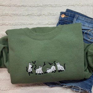 Ghost Cats Crewneck, Embroidered Cat Ghosts Sweatshirt, Cute Ghost Black Cat Halloween Sweatshirt, Trendy Fall Sweatshirt Unisex Crewneck