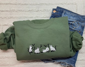 Ghost Cats Crewneck, Embroidered Cat Ghosts Sweatshirt, Cute Ghost Black Cat Halloween Sweatshirt, Trendy Fall Sweatshirt Unisex Crewneck