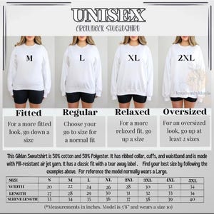 May include: Size chart for a unisex crewneck sweatshirt. The chart shows the width, length, and sleeve length in inches for sizes S through 5XL. The chart also includes a description of the fit for each size: fitted, regular, relaxed, and oversized.