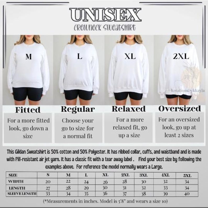 May include: Size chart for a unisex crewneck sweatshirt. The chart shows the width, length, and sleeve length in inches for sizes S through 5XL. The chart also includes a description of the fit for each size: fitted, regular, relaxed, and oversized.