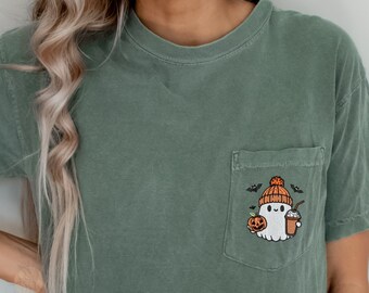 Embroidered Halloween Shirt, Cute Ghost Shirt, Pumpkin Shirt, Comfort Colors Pocket T-Shirt