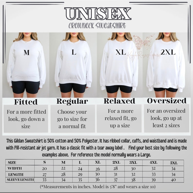 May include: A size chart for a unisex crewneck sweatshirt. The chart shows the different sizes available, from S to 5XL, and the corresponding measurements in inches for width, length, and sleeve length. The chart also includes a description of the fit for each size, such as fitted, regular, relaxed, and oversized.
