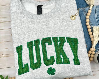 Lucky Sweatshirt, Embroidered Glitter Shamrock, St. Patrick’s Day Clover Sweatshirt
